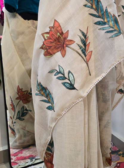 Ivory Linen Tissue Saree with Patchwork Floral Design & Elegant Finish