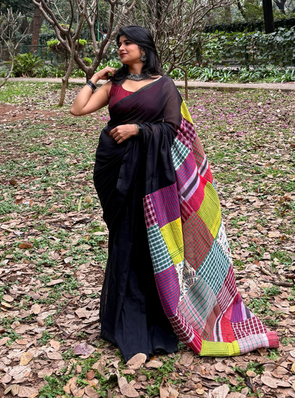 Midnight Patchwork Multi Color Mul Cotton Saree