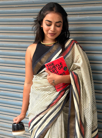 Classic Maheshwari Silk Saree with Contemporary Stripe Border