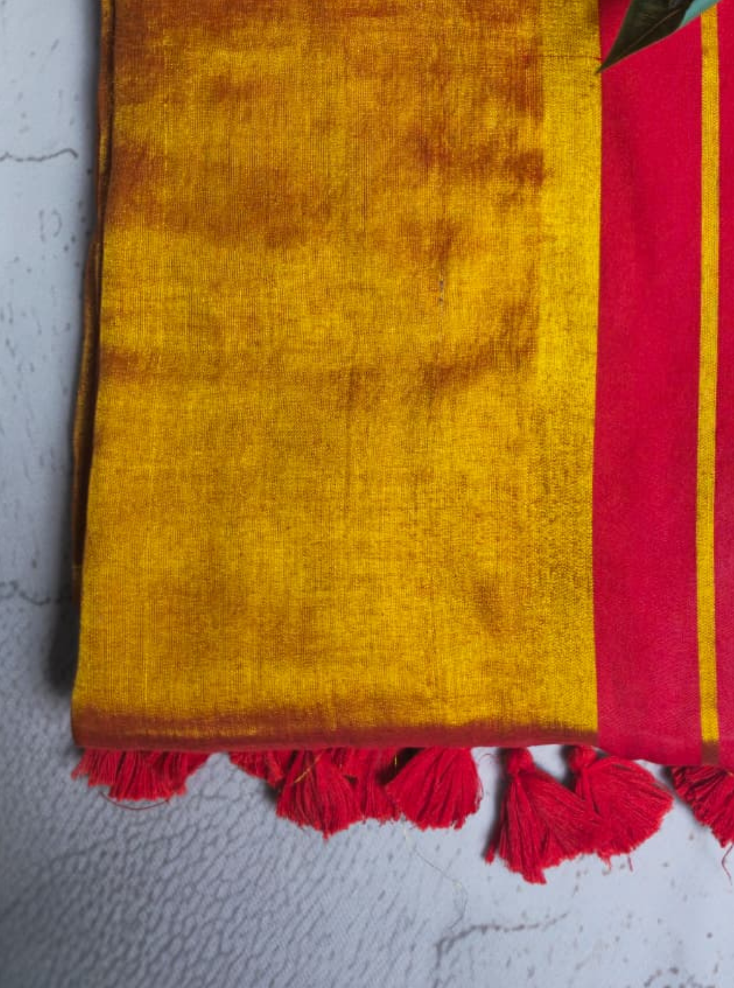 Mustard Yellow Tissue Cotton Saree with Red Contrast Border
