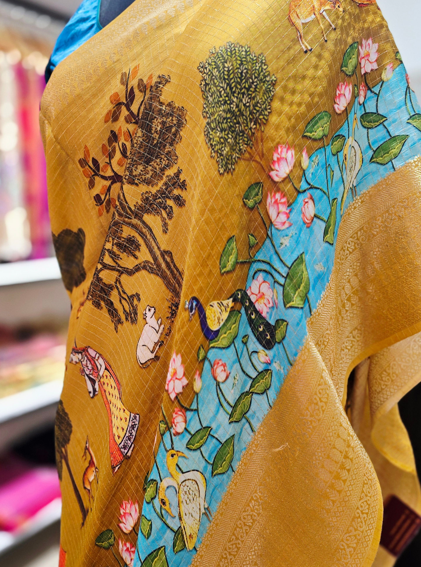 Royal Mustard Tissue Silk Saree with Artistic Scenic Print