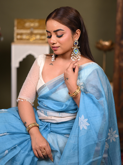 Sky Blue Kota Applique Cutwork Saree with Floral Detailing