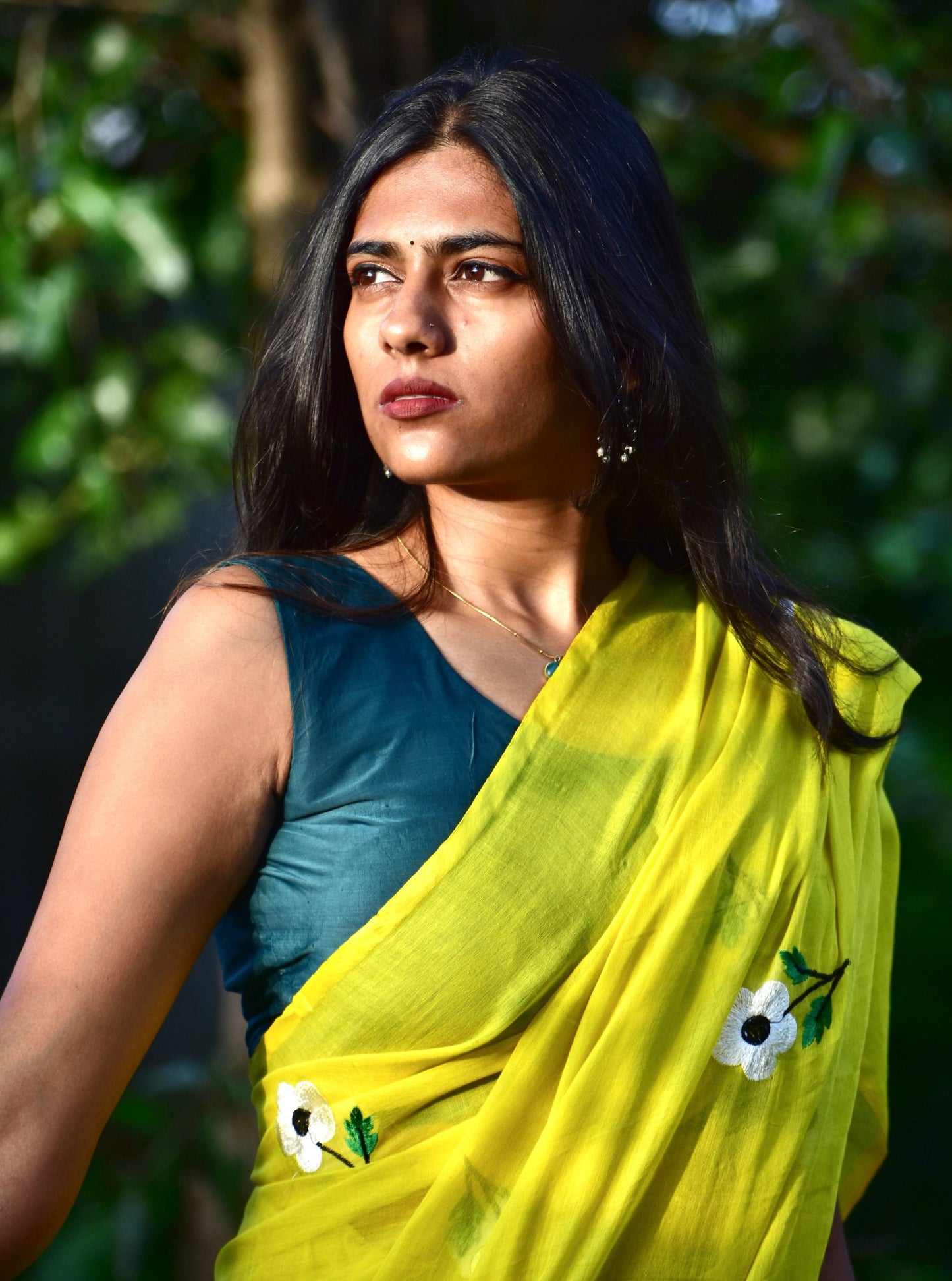 Sunshine Yellow Mul Cotton Saree with Delicate Floral Embroidery