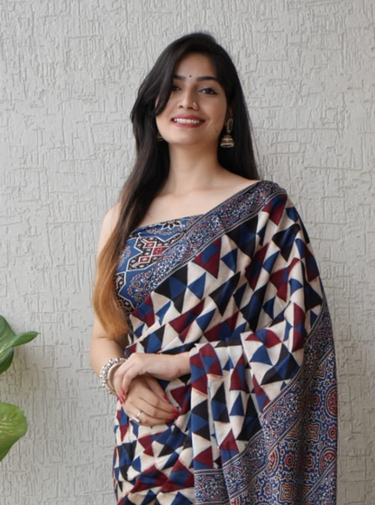 Indigo Geometry Modal Silk Ajrakh Hand-Block Saree