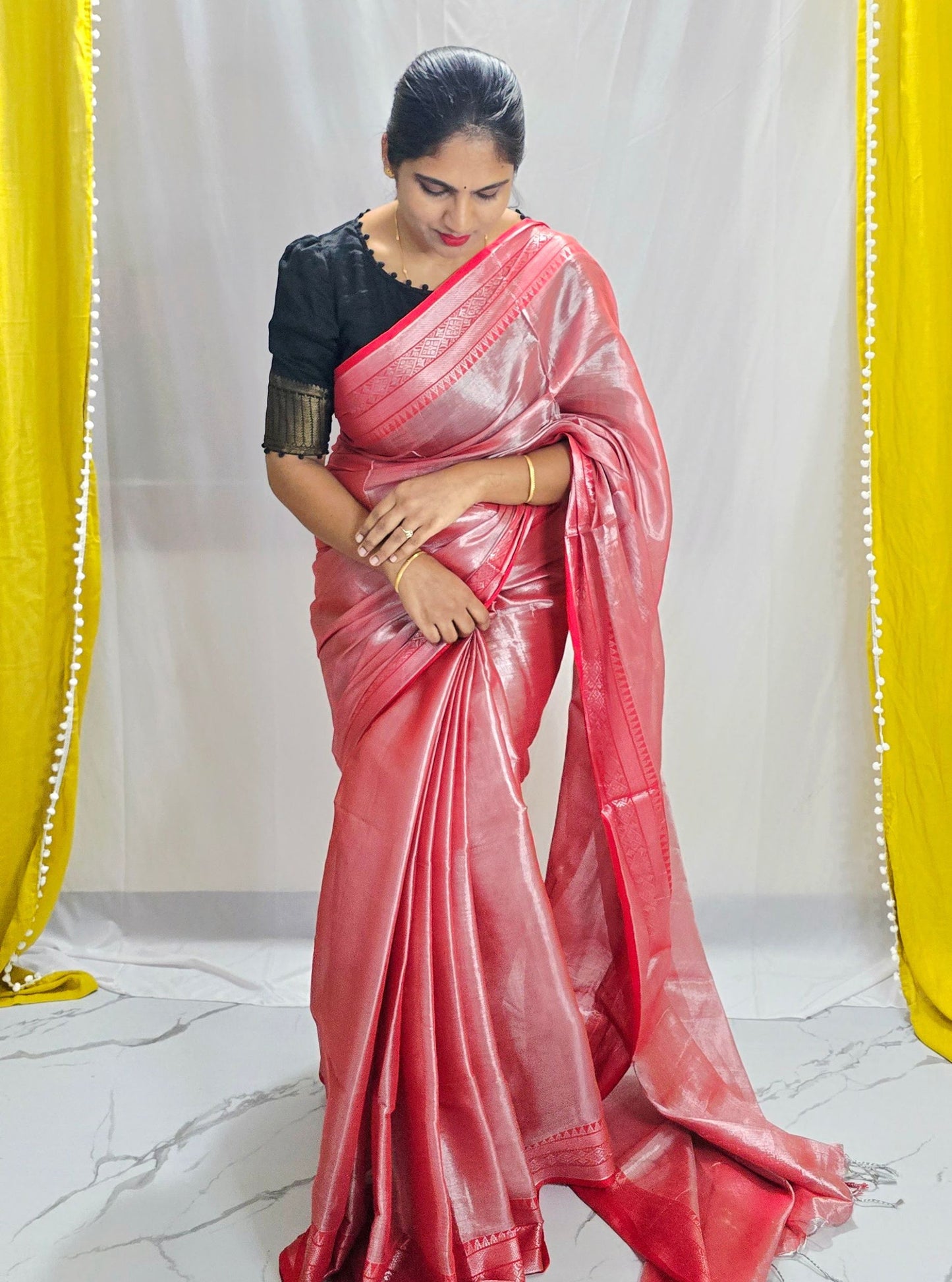 Blush Pink Tissue Cotton Saree with Subtle Zari Border & Soft Sheen
