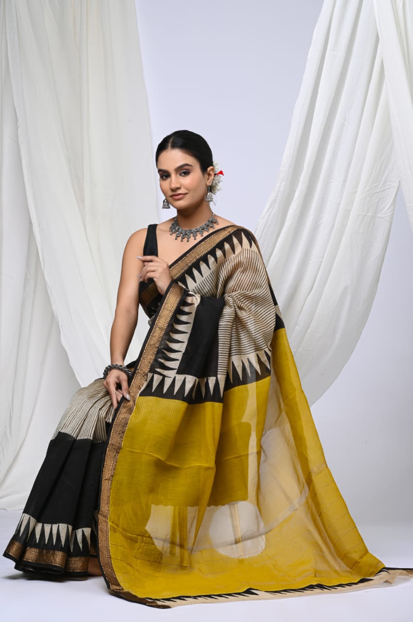 Mustard Yellow Maheshwari Silk Ajrakh Saree – Yellow Pallu & Black Border