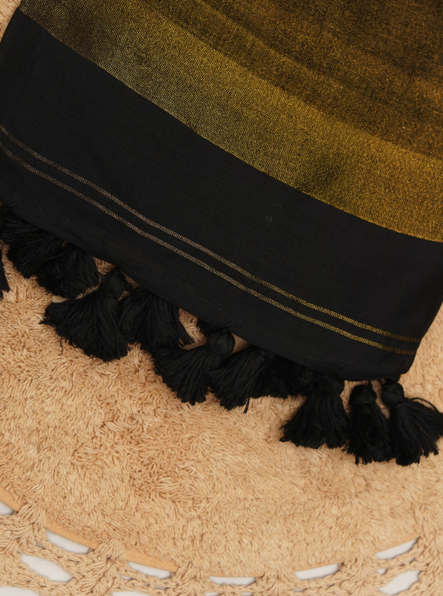 Classic Black Mul Cotton Saree with Rich Gold Pallu & Tassels