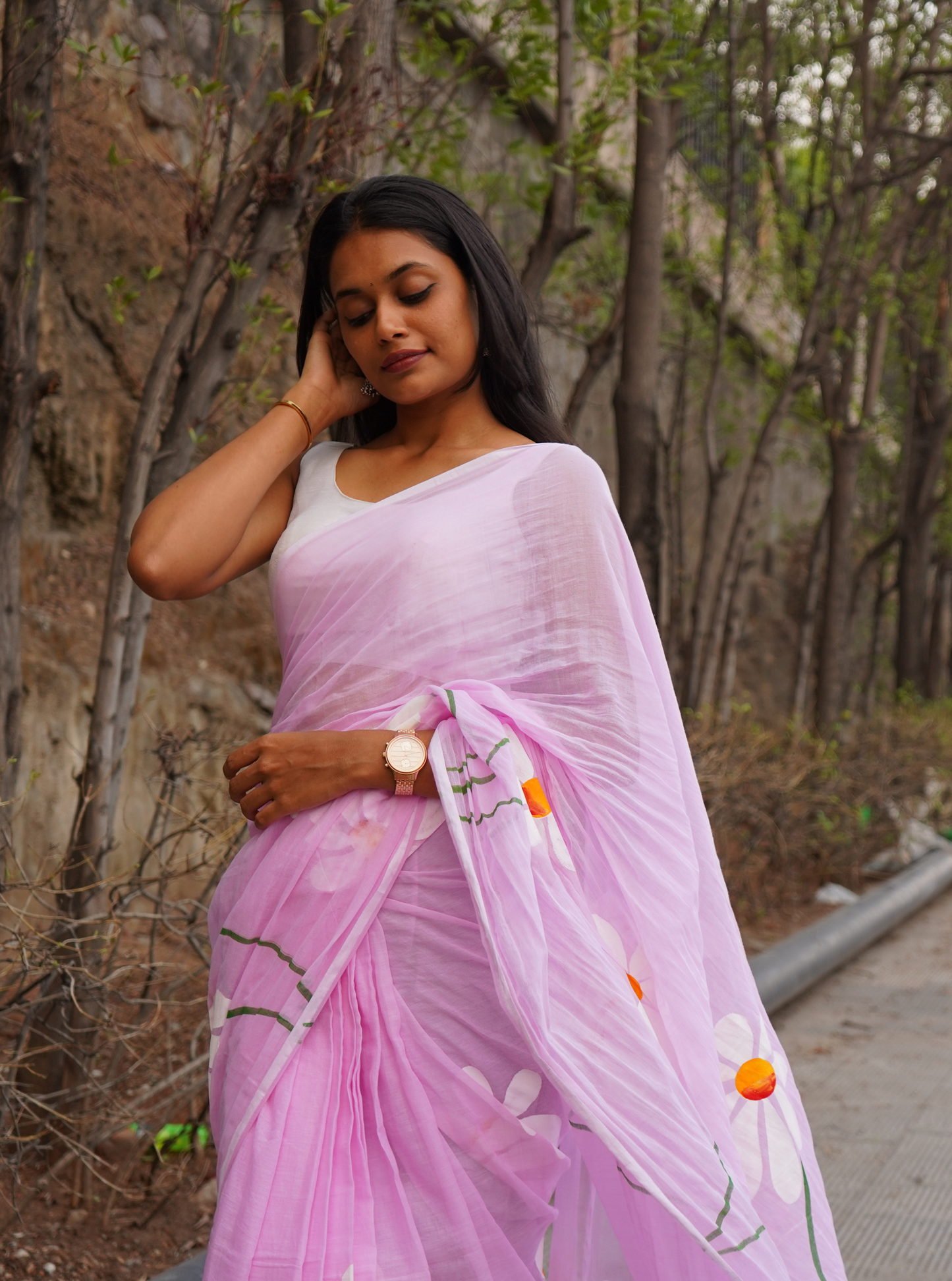 Pastel Pink Hand-Painted Mul Cotton Saree with Floral Art