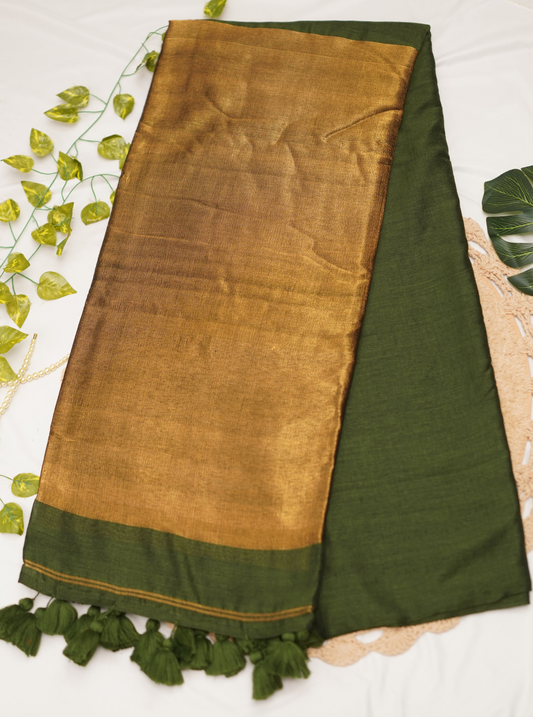 Olive Green Mul Cotton Saree with Rich Gold Pallu & Tassels