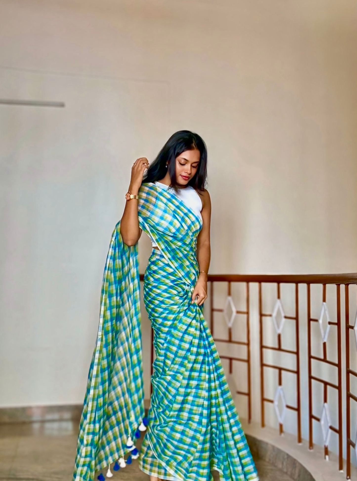 Sky Blue & Lime Green Checked Mul Cotton Saree with Tassels