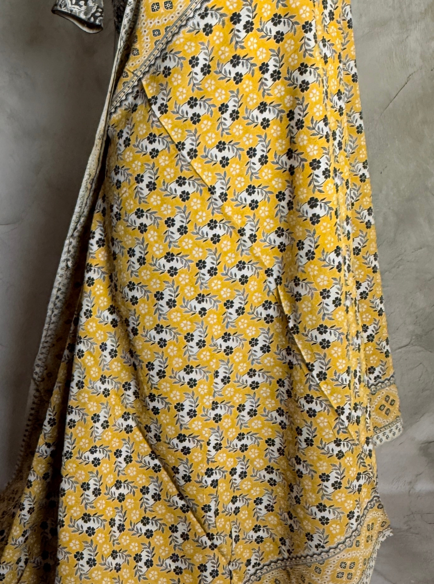 Mustard Yellow Cotton Saree with Floral Buti Print & Ethnic Border