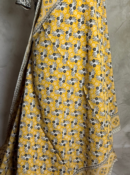 Mustard Yellow Cotton Saree with Floral Buti Print & Ethnic Border