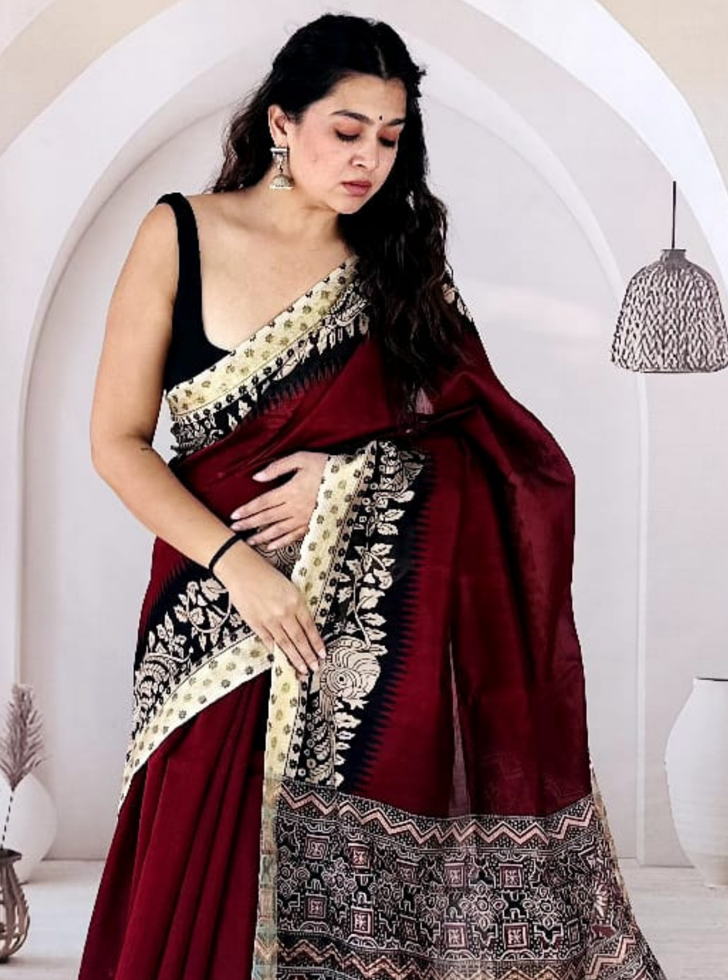 Maroon Maheshwari Silk Saree with Traditional Woven Border