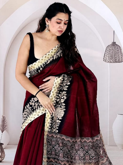 Maroon Maheshwari Silk Saree with Traditional Woven Border