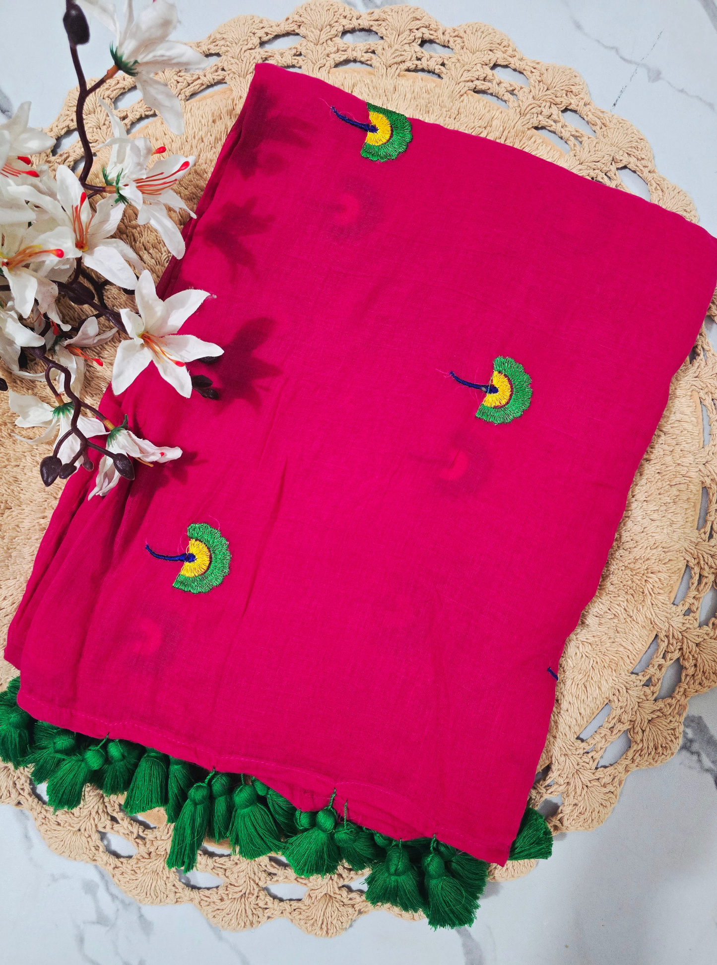 Magenta Mul Cotton Saree with Hand-Embroidered Motifs & Tassel Finish