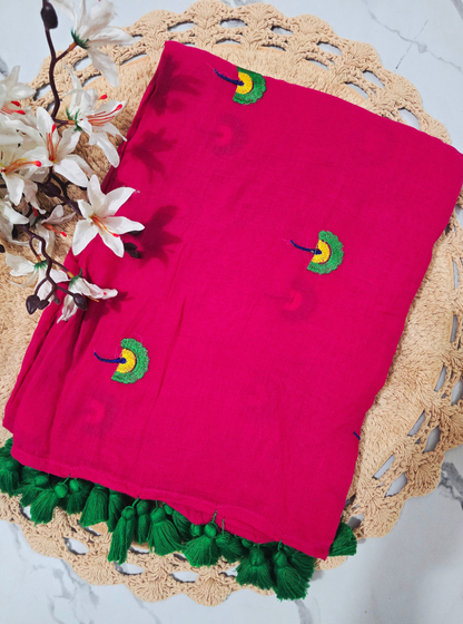 Magenta Mul Cotton Saree with Hand-Embroidered Motifs & Tassel Finish
