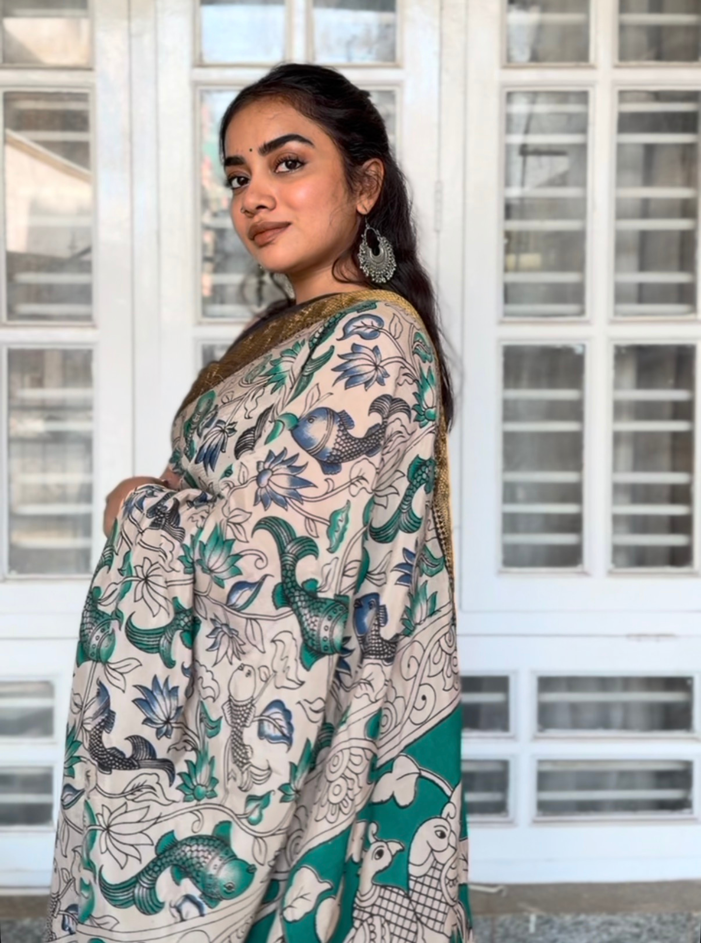 Hand-Blocked Kalamkari Saree with Traditional Fish & Floral Motifs