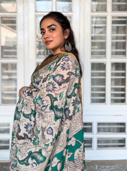 Hand-Blocked Kalamkari Saree with Traditional Fish & Floral Motifs