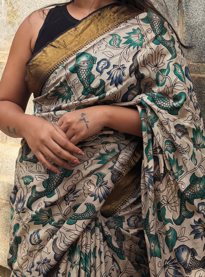 Hand-Blocked Kalamkari Saree with Traditional Fish & Floral Motifs