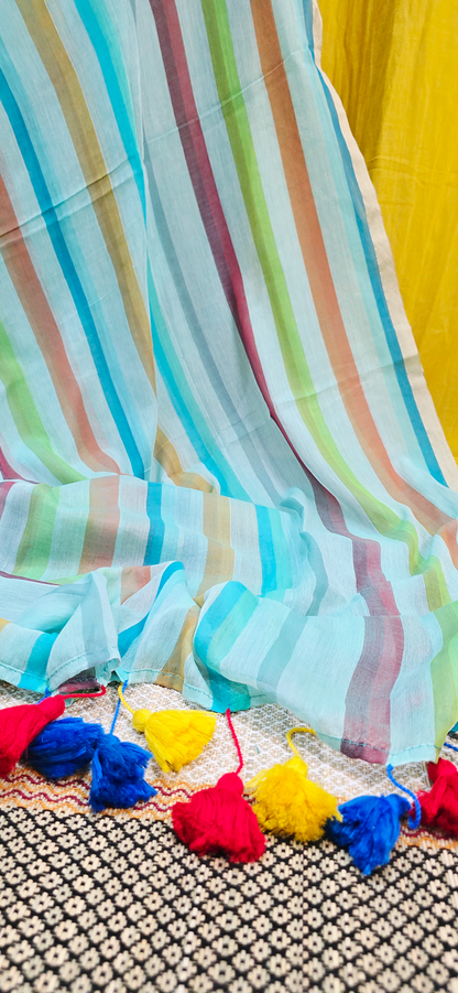 Beautiful Blue Multicolor Mul Cotton Saree for Effortless Festive & Daily Wear