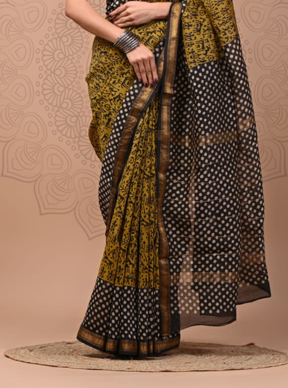 Black & Mustard Maheshwari Silk Saree with Polka Dots and Handcrafted Motifs