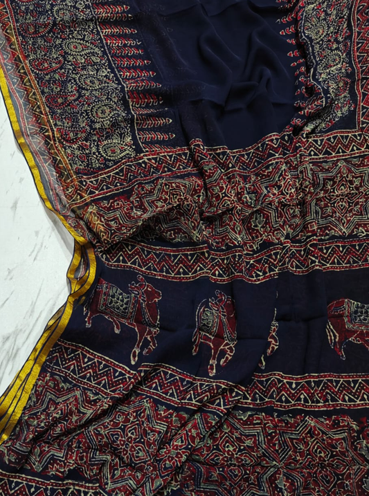 Royal Indigo Chiffon Saree with Traditional Animal Motifs