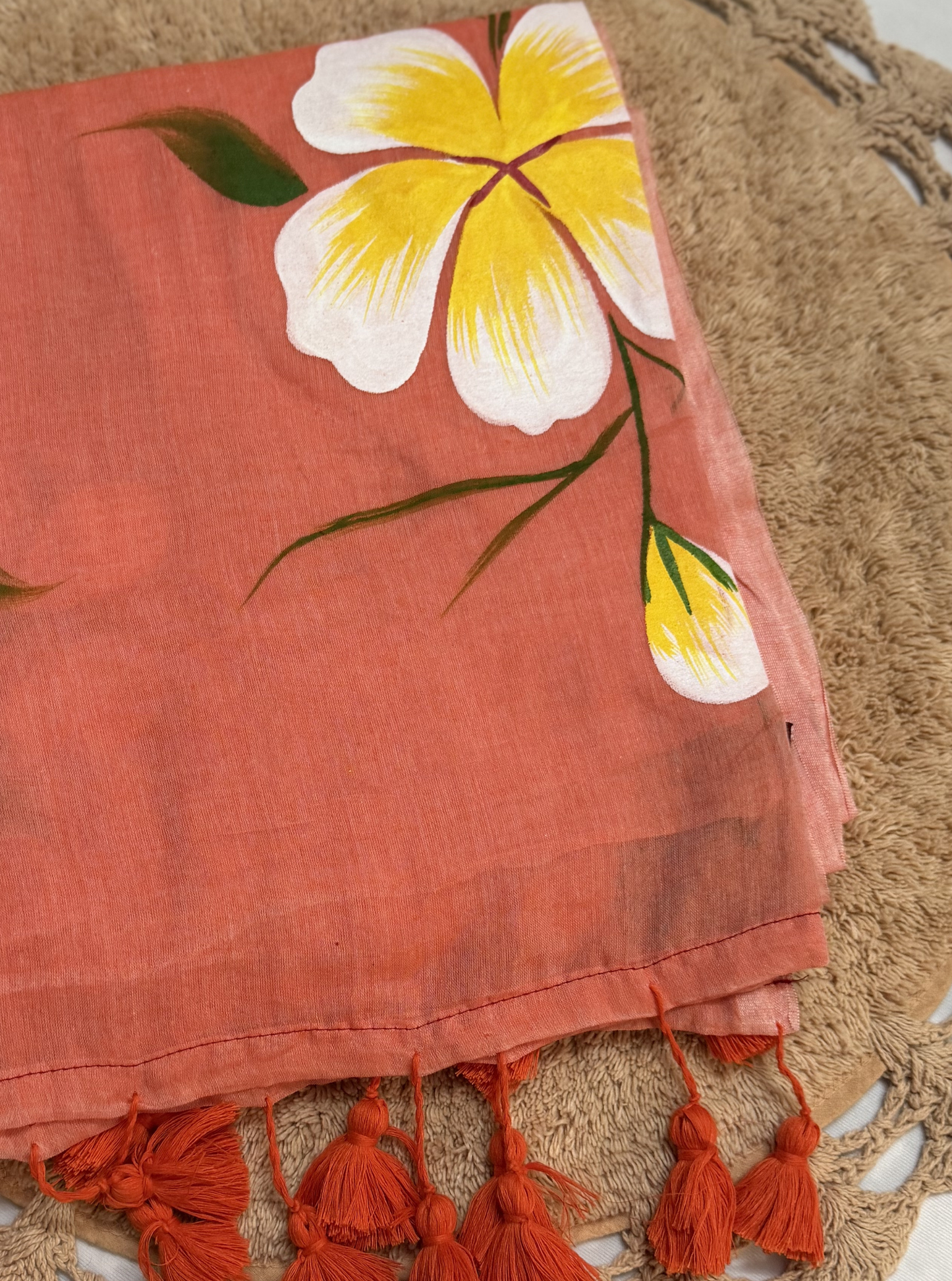 Peach Mul Cotton Saree with Hand-Painted Floral Design & Tassel Finish
