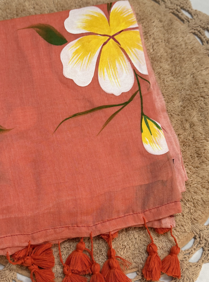 Peach Mul Cotton Saree with Hand-Painted Floral Design & Tassel Finish