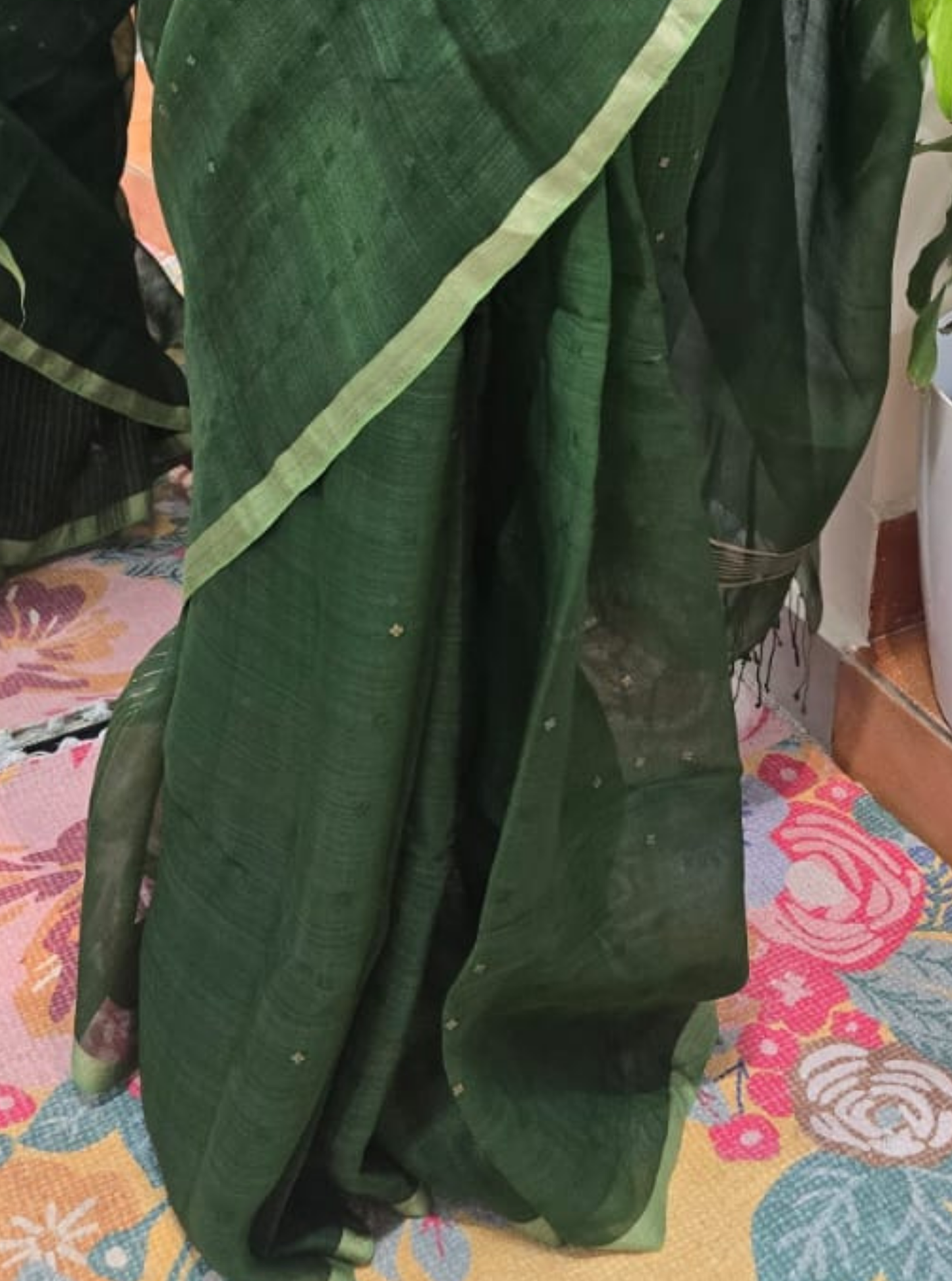 Deep Green Pure Kora Silk Saree with Subtle Sequin Work