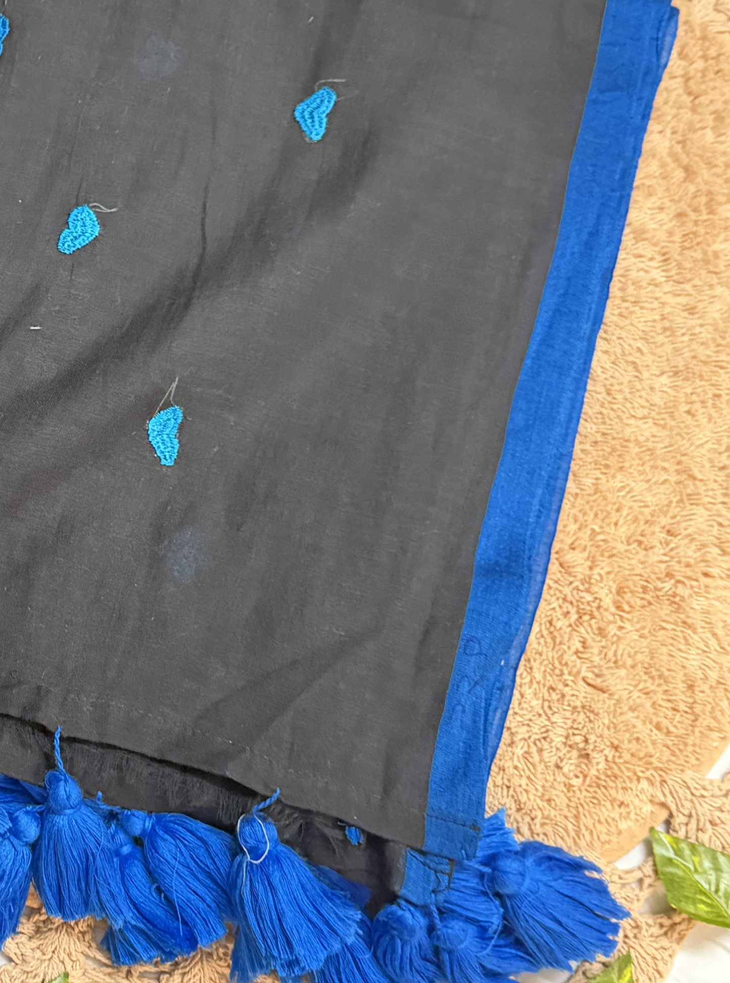 Midnight Black Mul Cotton Saree with Blue Heart Motifs & Tassels