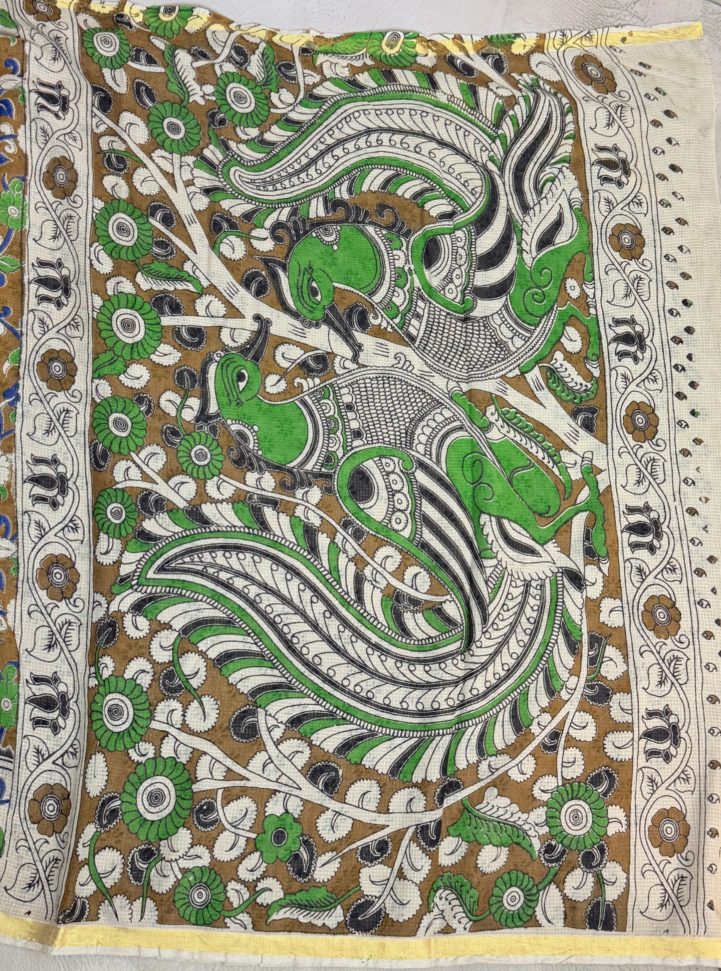 Earthy Brown Kota Cotton Saree with Floral Vine Motifs & Ivory Border