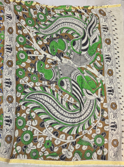 Earthy Brown Kota Cotton Saree with Floral Vine Motifs & Ivory Border