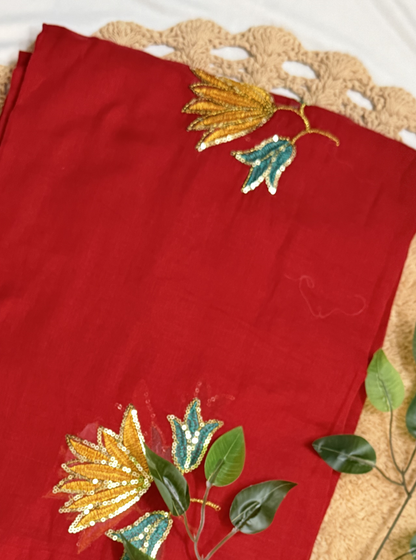 Red Mul Cotton Saree with Sequin Floral Embroidery & Contrast Tassels