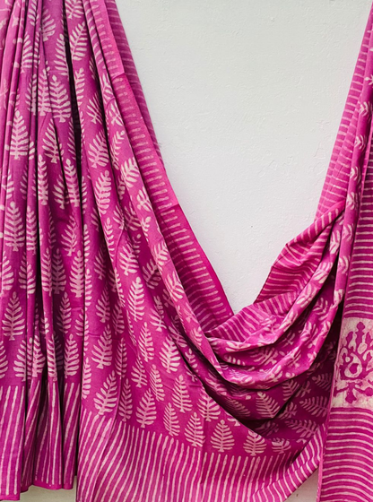 Pink Blossom Bagru Handblock Printed Cotton Saree