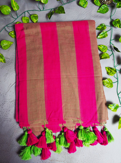Vibrant Striped Mul Cotton Saree with Dual-Tone Tassel Pallu