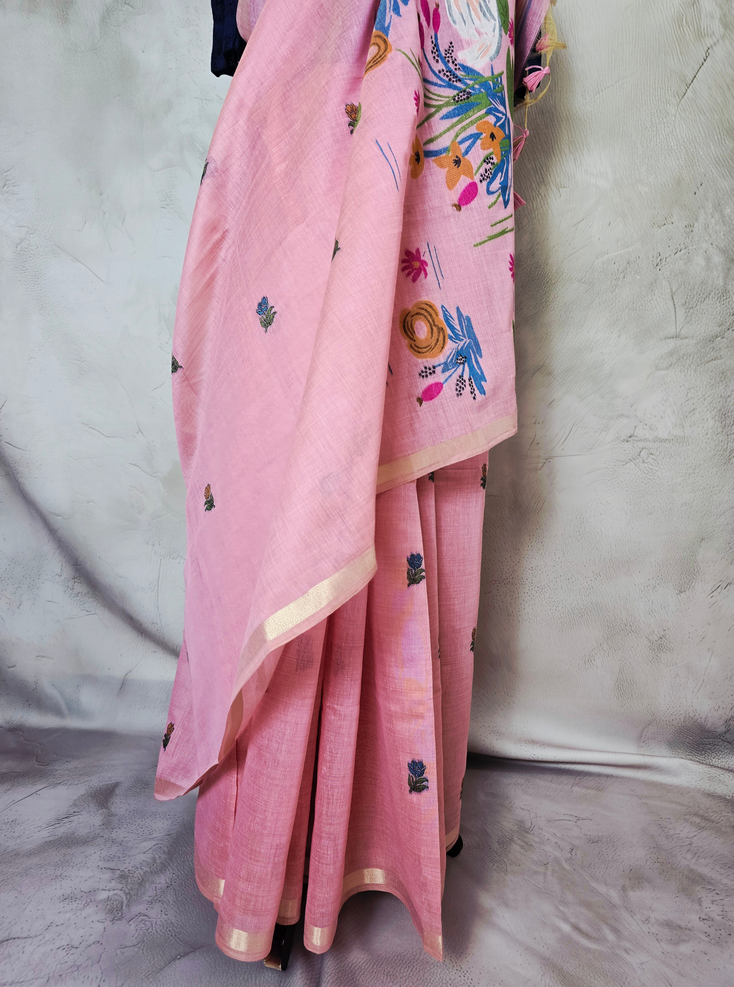 Blush Pink Cotton Designer Saree with Handcrafted Floral Art