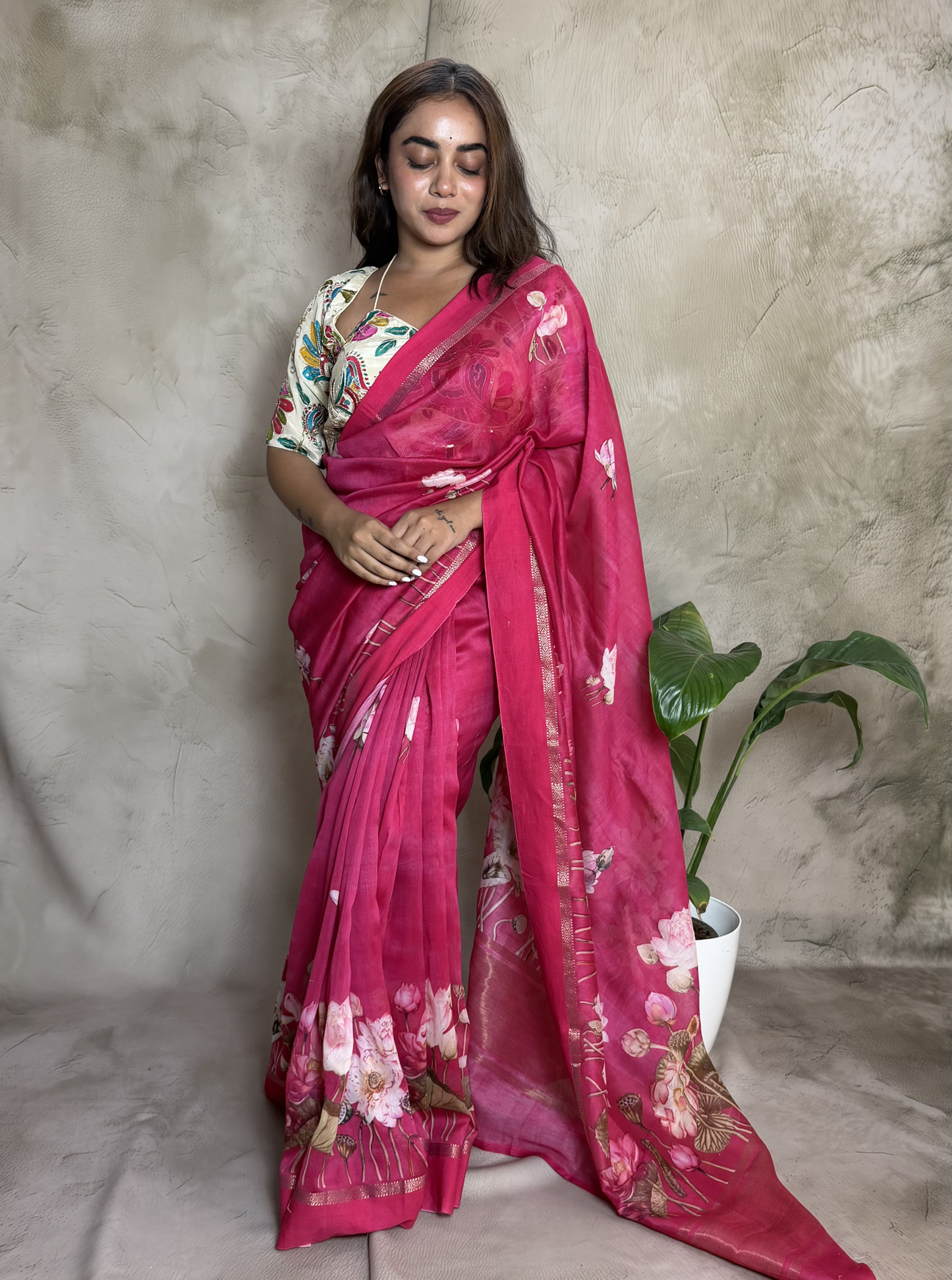 Rani Pink Chanderi Silk Saree with Floral Digital Print