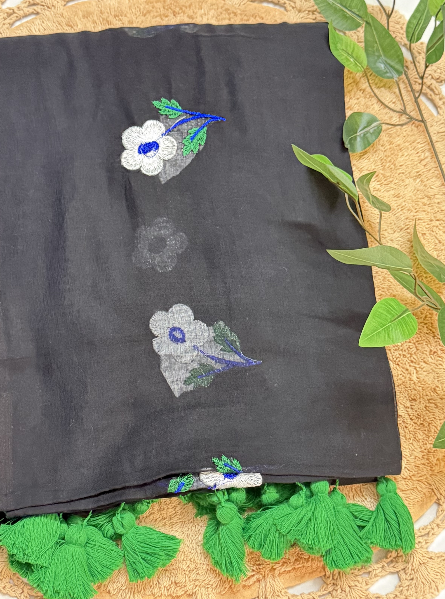Midnight Black Mul Cotton Saree with Floral Butti & Green Tassels