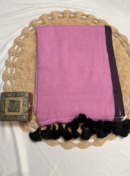 Soft Pink Mul Cotton Saree with Contrast Black Tassels