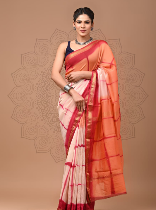 Peach & Ivory Maheshwari Silk Saree with Gold Zari Border