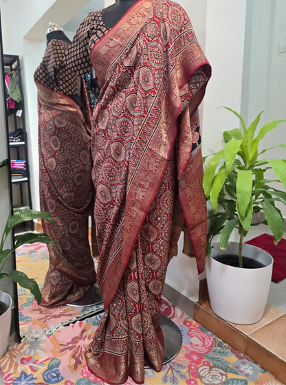 Rust Red Dola Silk Saree with Ajrakh Print & Rich Border