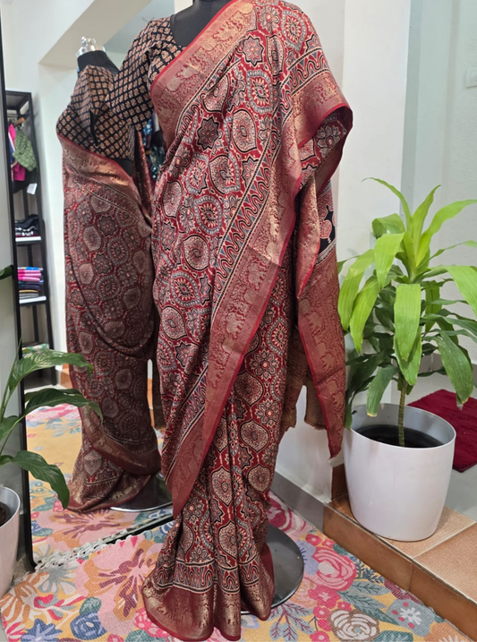 Rust Red Dola Silk Saree with Ajrakh Print & Rich Border