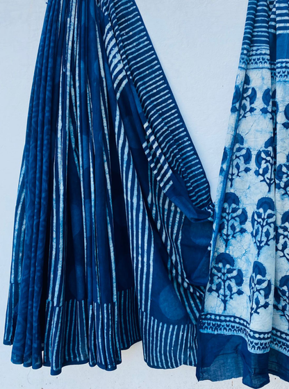 Indigo Blue Bagru Handblock Printed Cotton Saree