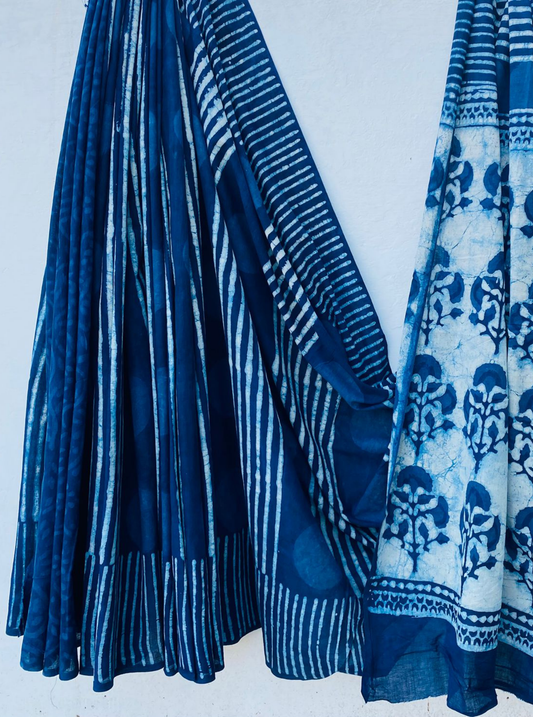 Indigo Blue Bagru Handblock Printed Cotton Saree