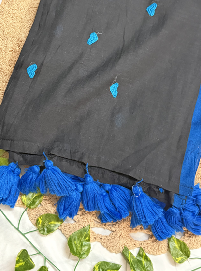 Midnight Black Mul Cotton Saree with Blue Heart Motifs & Tassels