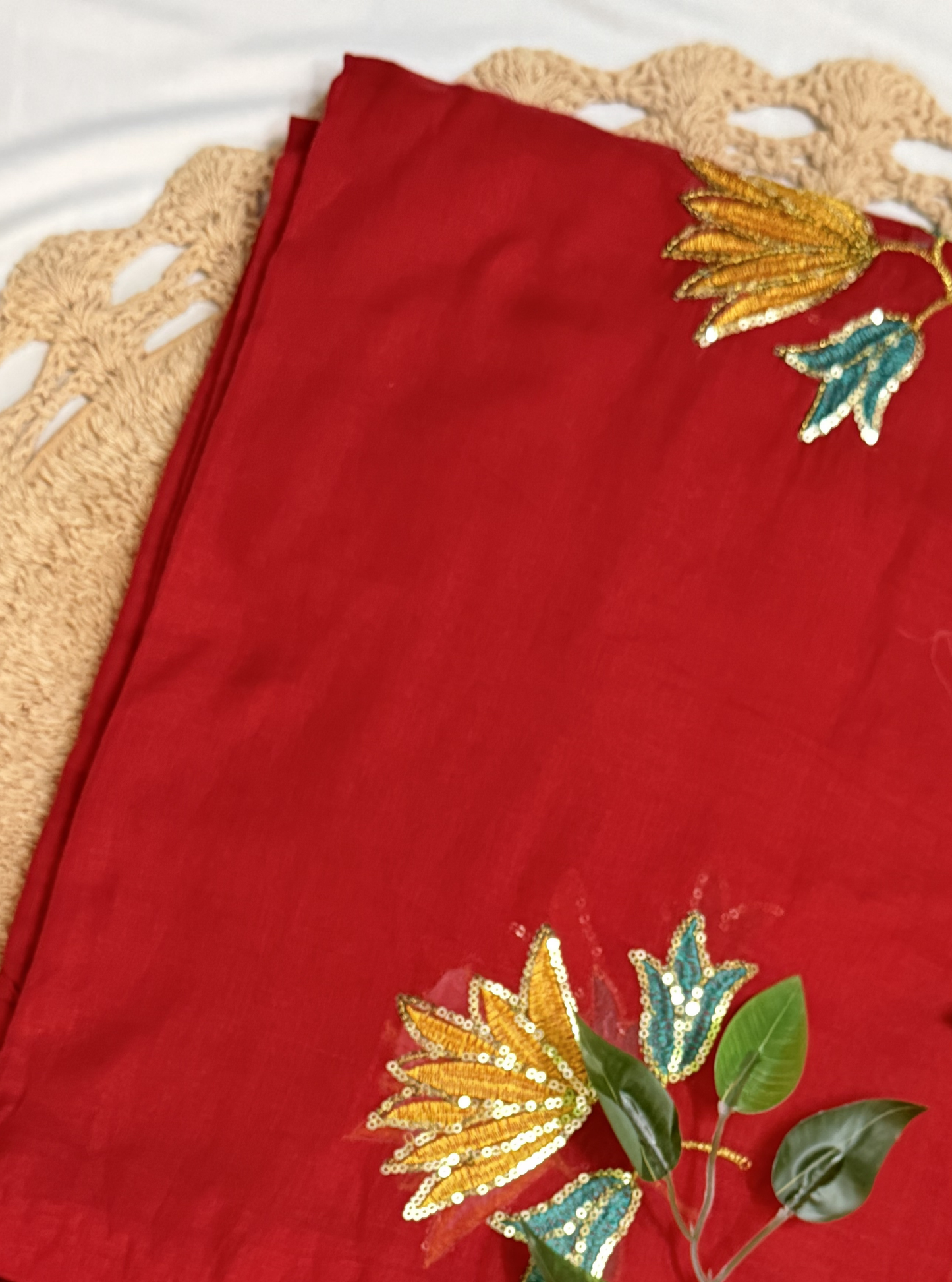 Red Mul Cotton Saree with Sequin Floral Embroidery & Contrast Tassels