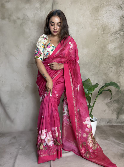 Rani Pink Chanderi Silk Saree with Floral Digital Print