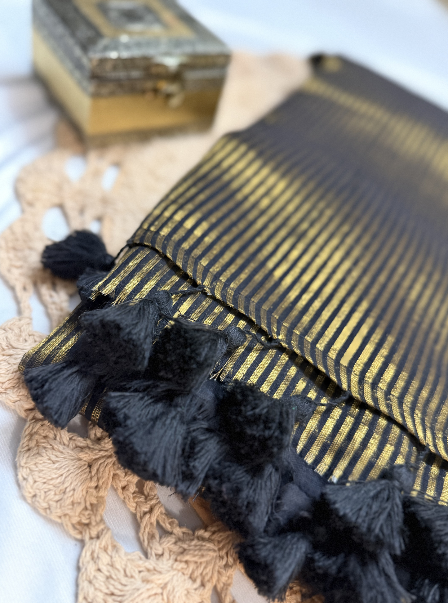 Classic Black Mul Cotton Saree with Gold Stripes & Tassel Pallu