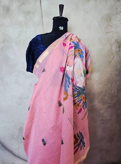 Blush Pink Cotton Designer Saree with Handcrafted Floral Art
