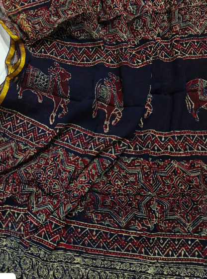 Royal Indigo Chiffon Saree with Traditional Animal Motifs